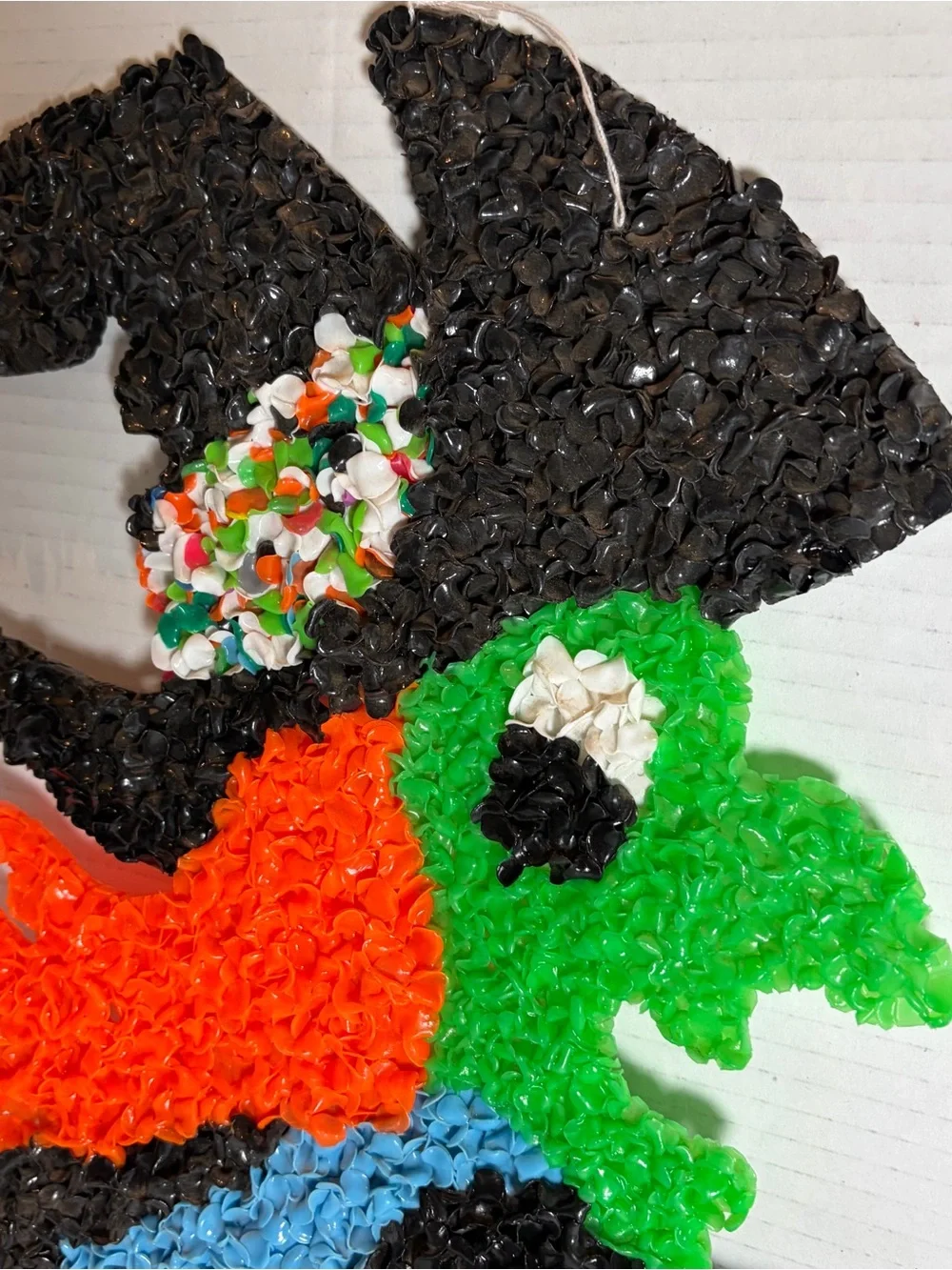 Vintage Melted Plastic Popcorn Witch on Broomstick Wall Hanging Halloween Decor
